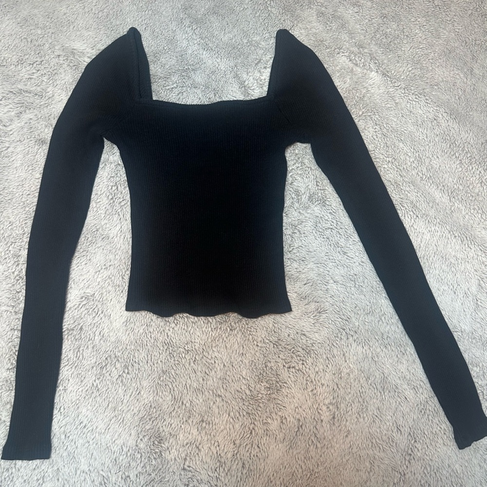 Free People FP Beach Ribbed Square Neck Long Sleeve Top Black XS